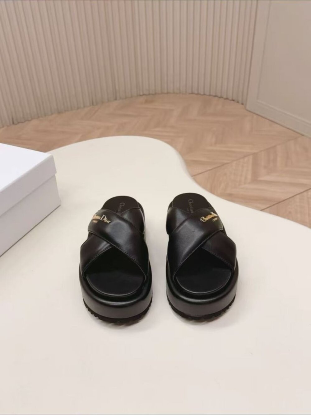 Christian Dior Black Leather Crisscross Platform Slide Sandals
